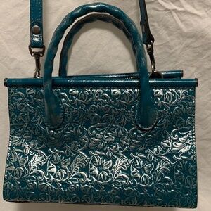 EUC Patricia Nash Embossed Teal & Silver Handbag